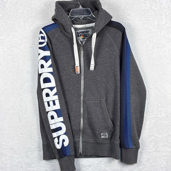 VTG Superdry Mens M Gray Y2K Full Zip Heavyweight Fleece Hoodie Jacket Skater